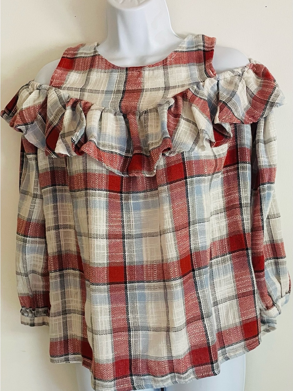 Doe & Rae Cold Shoulder Plaid Ruffle Flannel Top - Picture 4 of 11